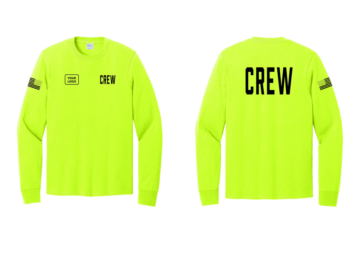 NYC Factory Custom Work Crew Uniform Cotton Long Sleeve Tee with Your Logo (Classic) - CREW + Your Logo + Back + US Flag Sleeve - Safety Green