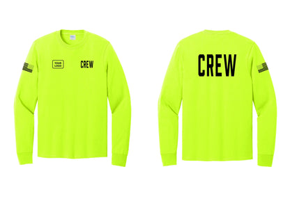 NYC Factory Custom Work Crew Uniform Cotton Long Sleeve Tee with Your Logo (Classic) - CREW + Your Logo + Back + US Flag Sleeve - Safety Green
