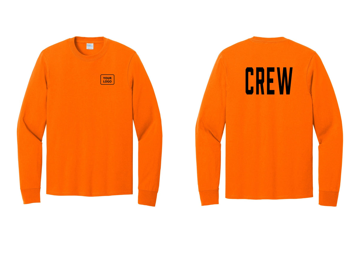 NYC Factory Custom Work Crew Uniform Cotton Long Sleeve Tee with Your Logo (Classic) - Your Logo + Back - Safety Orange
