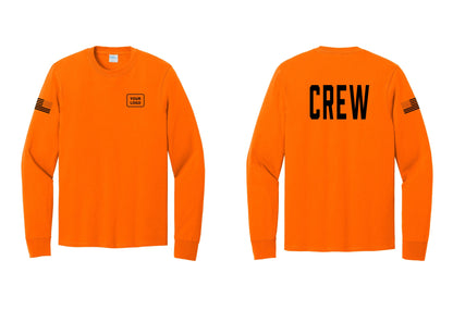 NYC Factory Custom Work Crew Uniform Cotton Long Sleeve Tee with Your Logo (Classic) - Your Logo + Back + US Flag Sleeve - Safety Orange