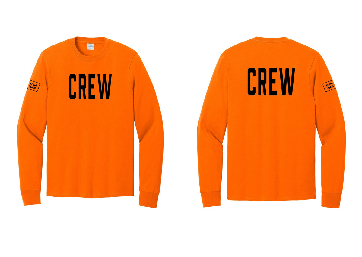 NYC Factory Custom Work Crew Uniform Cotton Long Sleeve Tee with Your Logo (Classic) - Front + Back + Your Logo Sleeve - Safety Orange