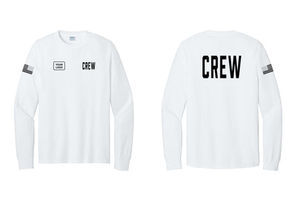 NYC Factory Custom Work Crew Uniform Cotton Long Sleeve Tee with Your Logo (Classic) - CREW + Your Logo + Back + US Flag Sleeve - White