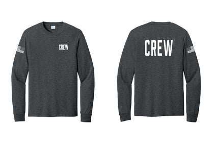 NYC Factory Crew Cotton Long Sleeve T-Shirt for Event Staff & Production Teams (Classic) - Chest + Back + US Flag Sleeve - Dark Heather Grey