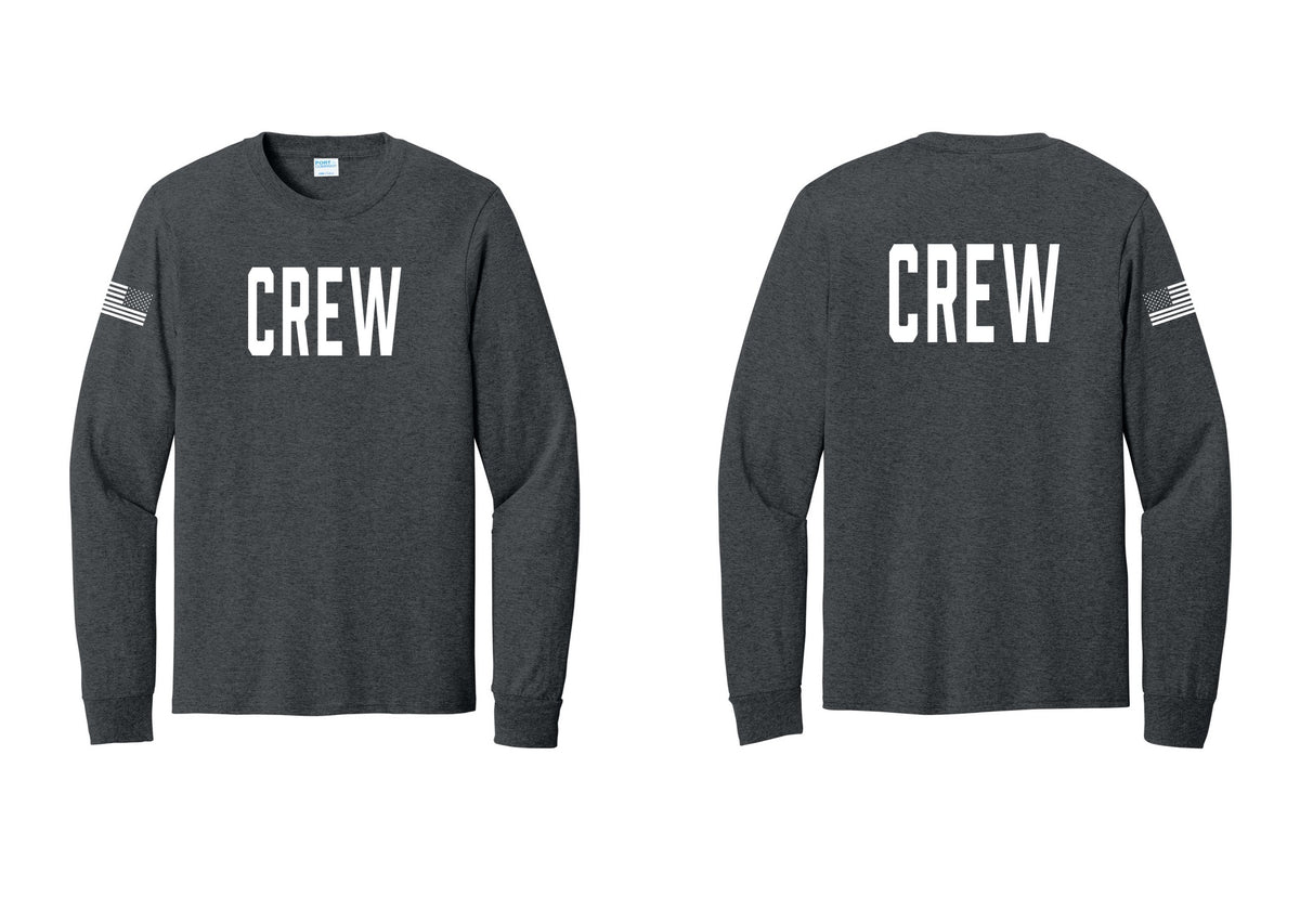 NYC Factory Crew Cotton Long Sleeve T-Shirt for Event Staff & Production Teams (Classic) - Front + Back + US Flag Sleeve - Dark Heather Grey