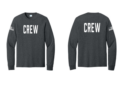 NYC Factory Crew Cotton Long Sleeve T-Shirt for Event Staff & Production Teams (Classic) - Front + Back + US Flag Sleeve - Dark Heather Grey