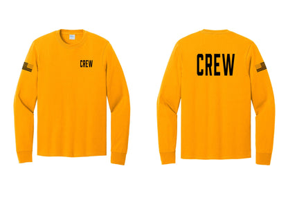 NYC Factory Crew Cotton Long Sleeve T-Shirt for Event Staff & Production Teams (Classic) - Chest + Back + US Flag Sleeve - Gold