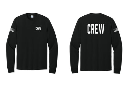 NYC Factory Crew Cotton Long Sleeve T-Shirt for Event Staff & Production Teams (Classic) - Chest + Back + US Flag Sleeve - Black