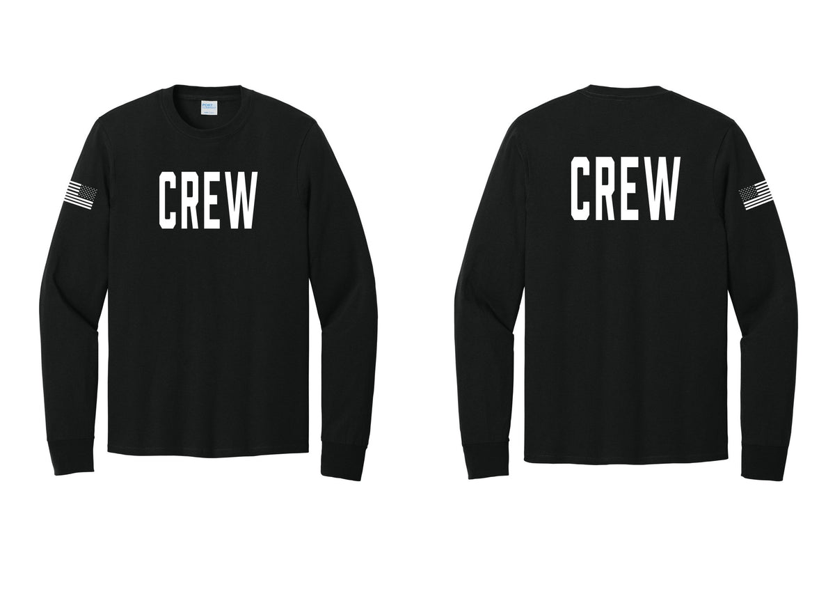 NYC Factory Crew Cotton Long Sleeve T-Shirt for Event Staff & Production Teams (Classic) - Front + Back + US Flag Sleeve - Black