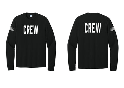 NYC Factory Crew Cotton Long Sleeve T-Shirt for Event Staff & Production Teams (Classic) - Front + Back + US Flag Sleeve - Black