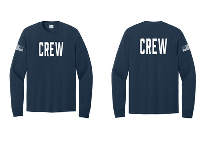 NYC Factory Crew Cotton Long Sleeve T-Shirt for Event Staff & Production Teams (Classic) - Front + Back + US Flag Sleeve - Navy