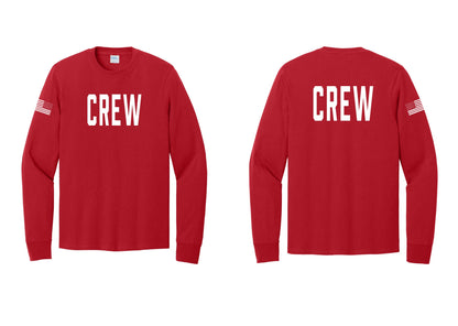 NYC Factory Crew Cotton Long Sleeve T-Shirt for Event Staff & Production Teams (Classic) - Front + Back + US Flag Sleeve - Red