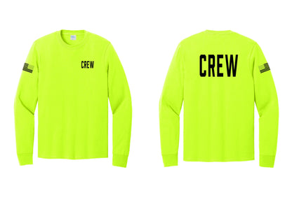 NYC Factory Crew Cotton Long Sleeve T-Shirt for Event Staff & Production Teams (Classic) - Chest + Back + US Flag Sleeve - Safety Green