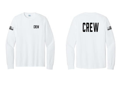 NYC Factory Crew Cotton Long Sleeve T-Shirt for Event Staff & Production Teams (Classic) - Chest + Back + US Flag Sleeve - White