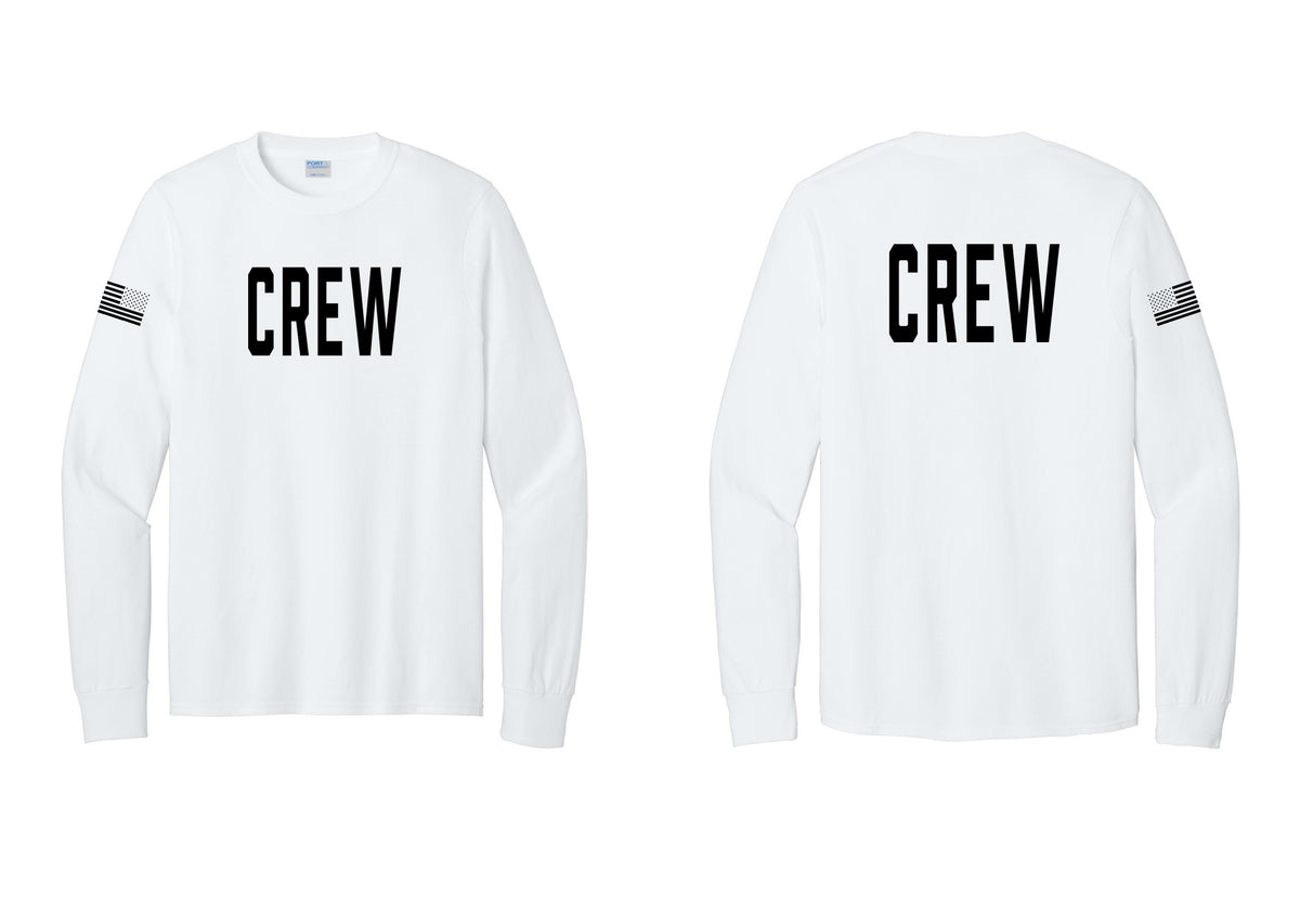 NYC Factory Crew Cotton Long Sleeve T-Shirt for Event Staff & Production Teams (Classic) - Front + Back + US Flag Sleeve - White