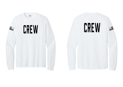 NYC Factory Crew Cotton Long Sleeve T-Shirt for Event Staff & Production Teams (Classic) - Front + Back + US Flag Sleeve - White