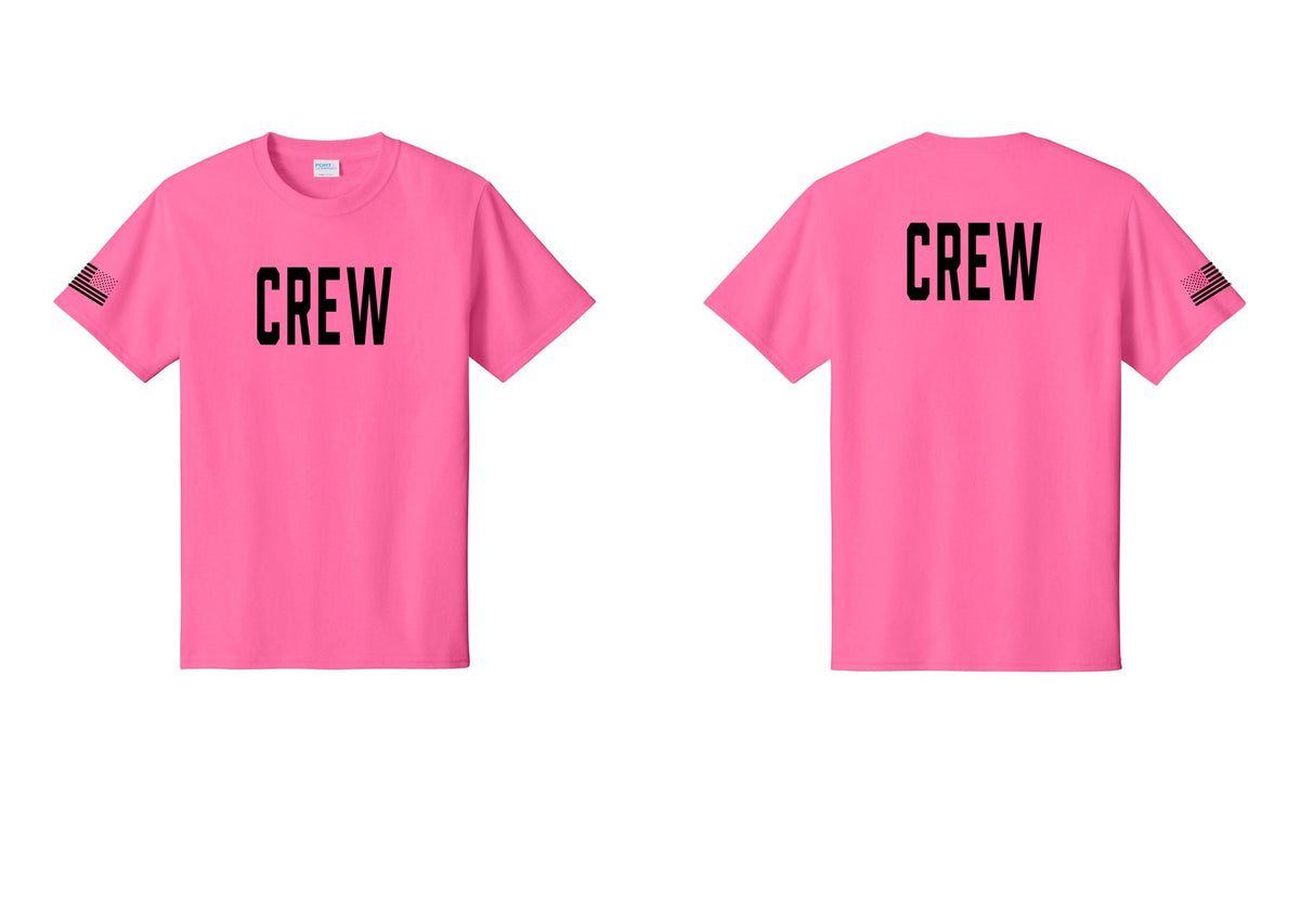 NYC Factory Crew T-Shirt, Condensed Lettering - Front + Back + US Flag Sleeve - Neon Pink