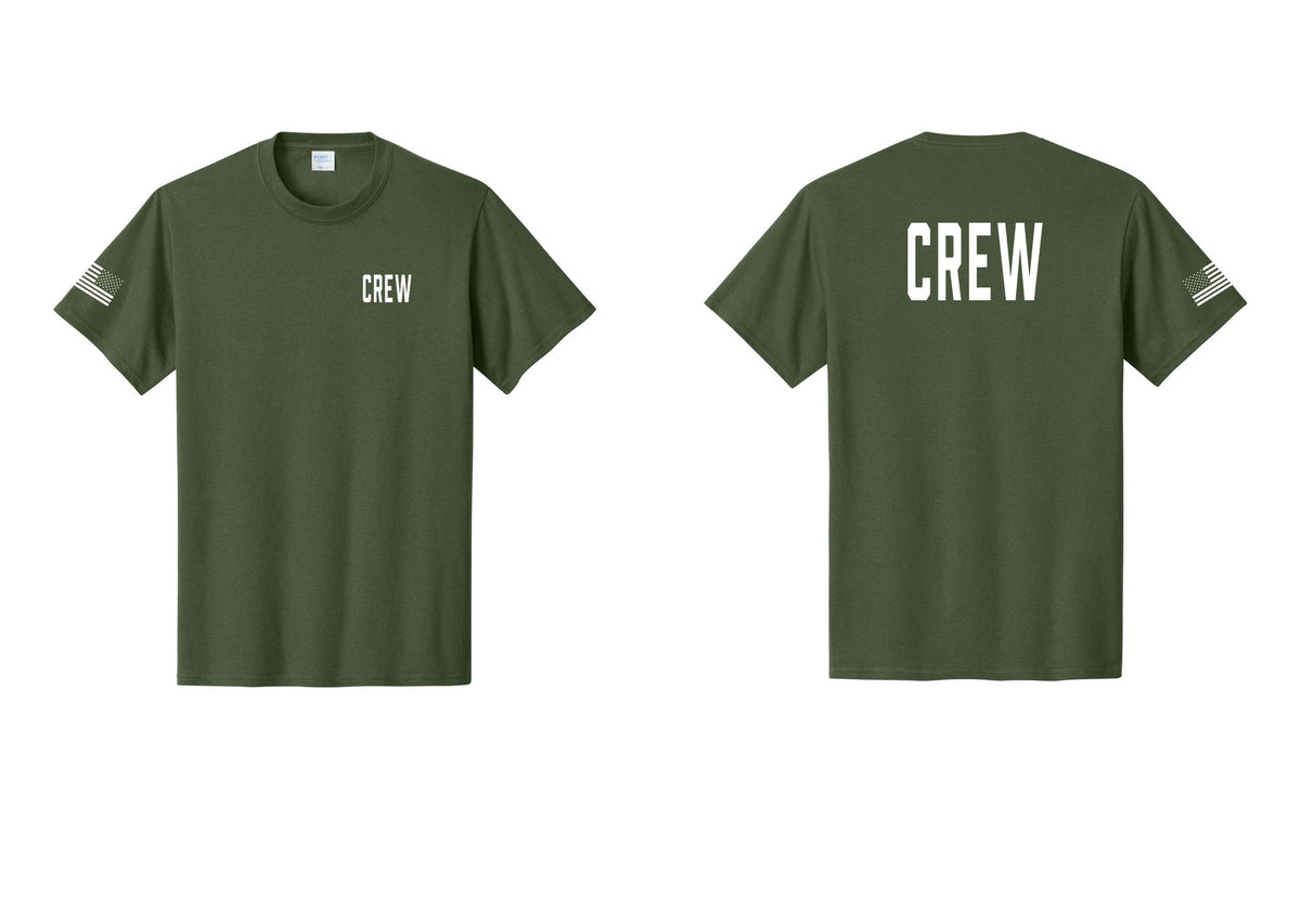 NYC Factory Crew T-Shirt, Condensed Lettering - Chest + Back + US Flag Sleeve - Olive