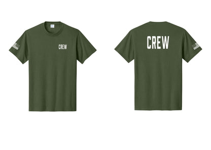 NYC Factory Crew T-Shirt, Condensed Lettering - Chest + Back + US Flag Sleeve - Olive