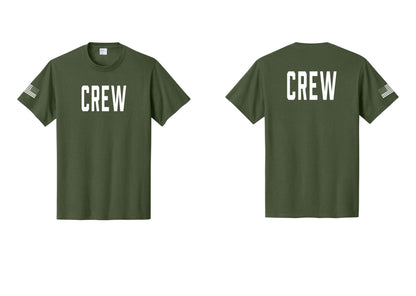 NYC Factory Crew T-Shirt for Event Staff & Production Teams (Classic) - Front + Back + US Flag Sleeve - Olive