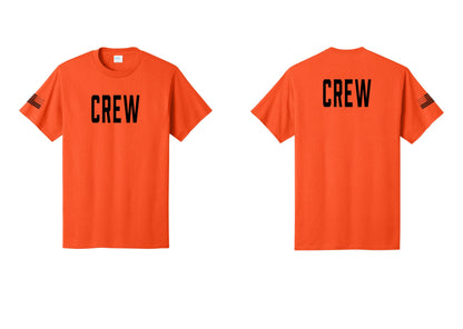 NYC Factory Crew T-Shirt, Condensed Lettering - Front + Back + US Flag Sleeve - Orange