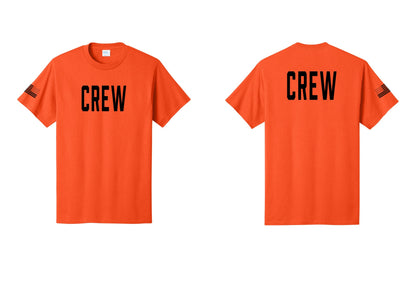 NYC Factory Crew T-Shirt for Event Staff & Production Teams (Classic) - Front + Back + US Flag Sleeve - Orange