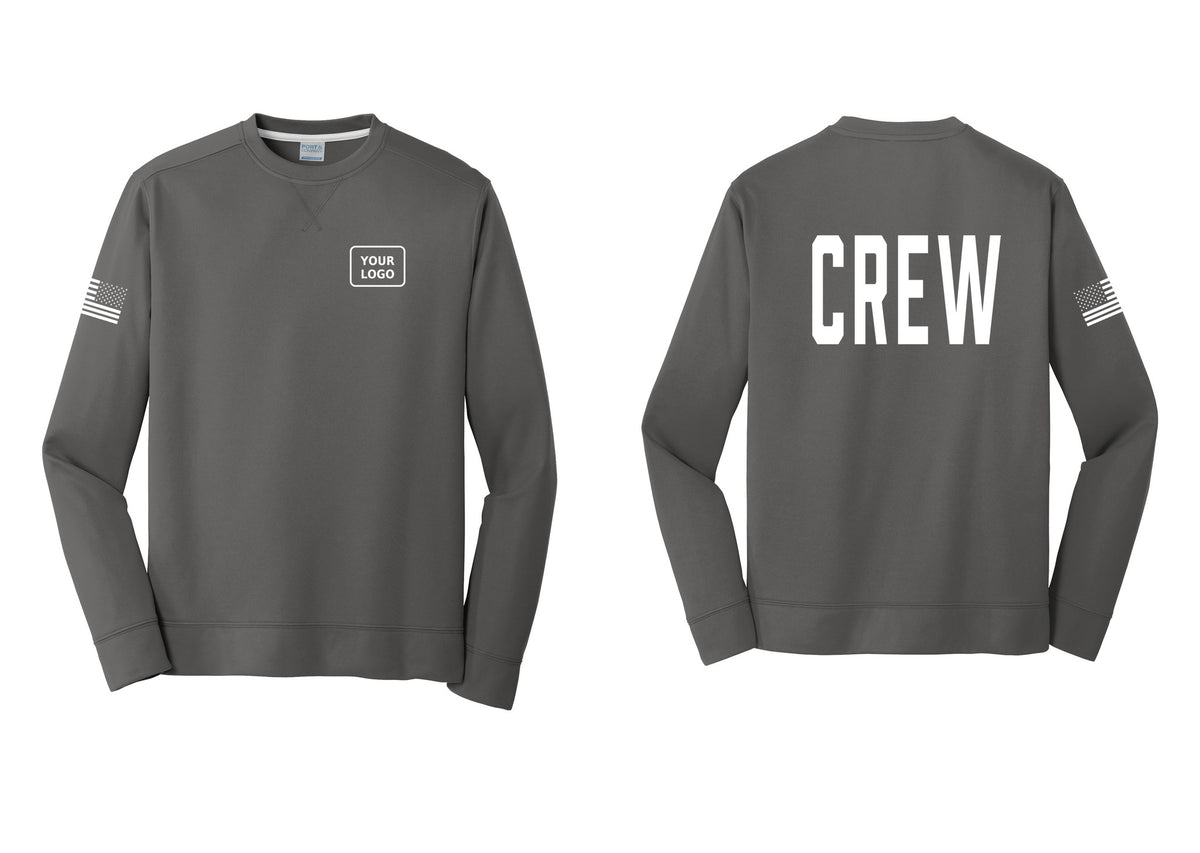 NYC Factory Custom Work Crew Uniform Performance Fleece Crewneck Sweatshirt with Your Logo (Classic) - Your Logo + Back + US Flag Sleeve - Charcoal