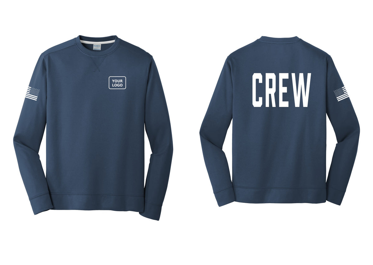 NYC Factory Custom Work Crew Uniform Performance Fleece Crewneck Sweatshirt with Your Logo (Classic) - Your Logo + Back + US Flag Sleeve - Navy