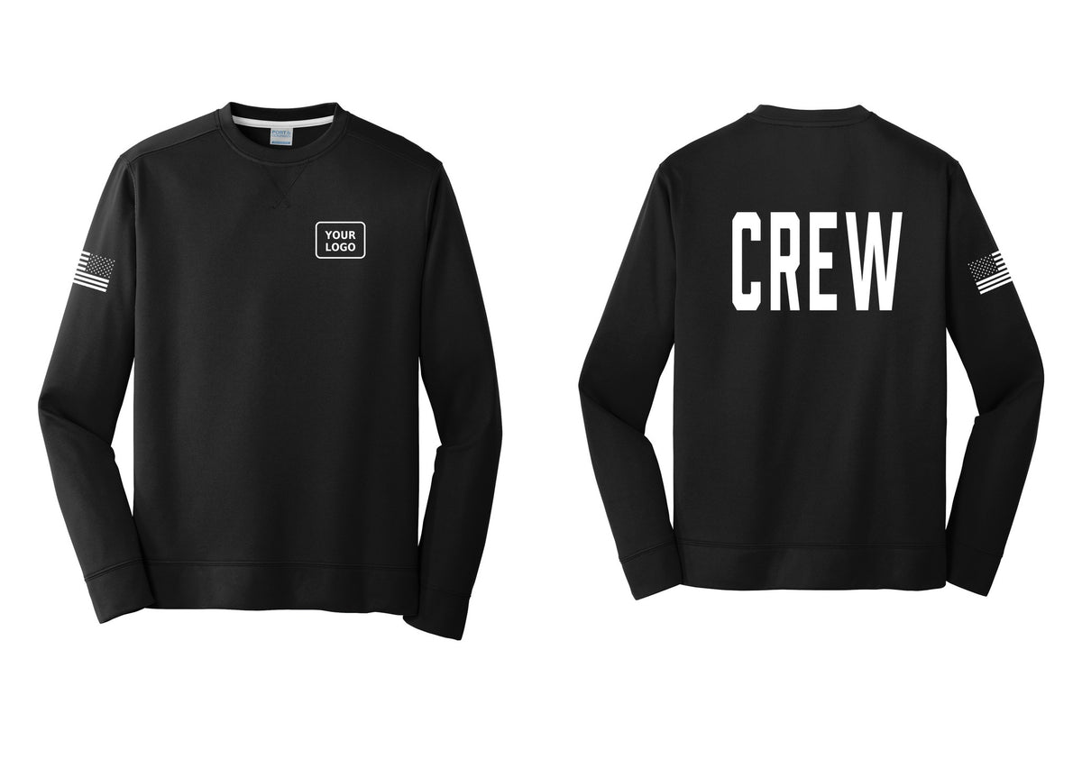 NYC Factory Custom Work Crew Uniform Performance Fleece Crewneck Sweatshirt with Your Logo (Classic) - Your Logo + Back + US Flag Sleeve - Black