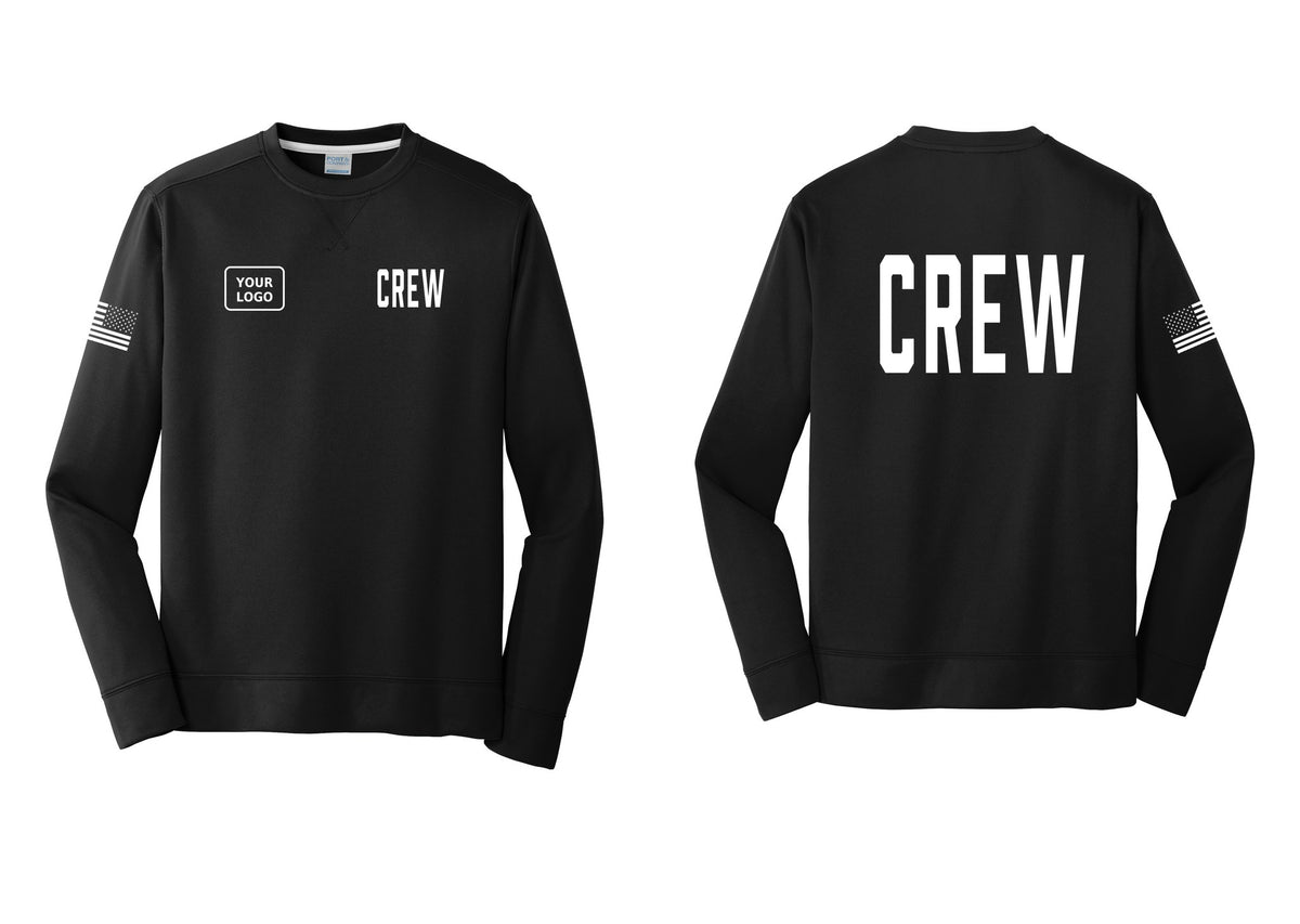 NYC Factory Custom Work Crew Uniform Performance Fleece Crewneck Sweatshirt with Your Logo (Classic) - CREW + Your Logo + Back + US Flag Sleeve - Black