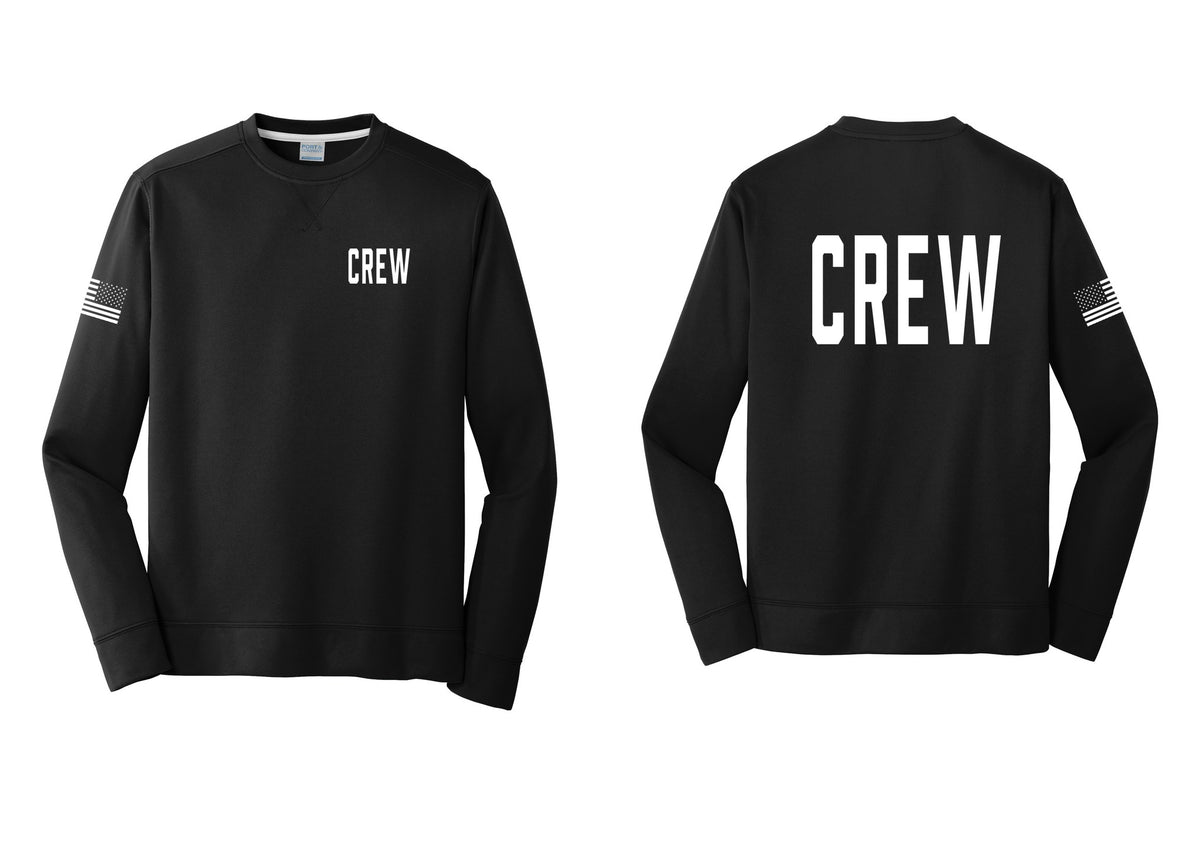 NYC Factory Crew Performance Fleece Crewneck Sweatshirt for Event Staff & Production Teams (Classic) - Chest + Back + US Flag Sleeve - Black
