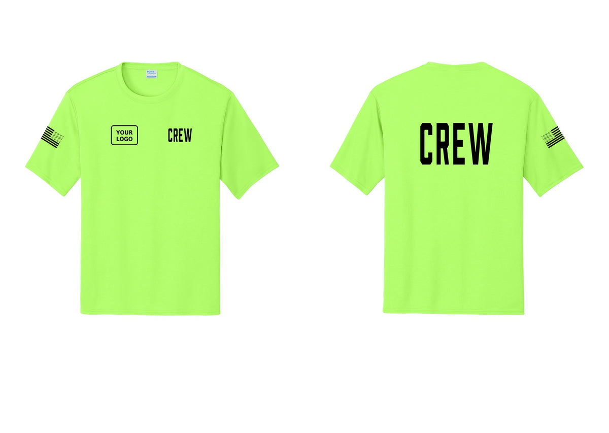 NYC Factory Custom Work Crew Uniform Performance Tee with Your Logo (Classic) - CREW + Your Logo + Back + US Flag Sleeve - Neon Green