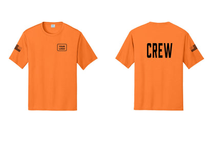 NYC Factory Custom Work Crew Uniform Performance Tee with Your Logo (Classic) - Your Logo + Back + US Flag Sleeve - Neon Orange