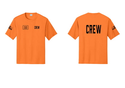 NYC Factory Custom Work Crew Uniform Performance Tee with Your Logo (Classic) - CREW + Your Logo + Back + US Flag Sleeve - Neon Orange