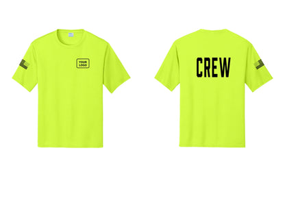 NYC Factory Custom Work Crew Uniform Performance Tee with Your Logo (Classic) - Your Logo + Back + US Flag Sleeve - Neon Yellow