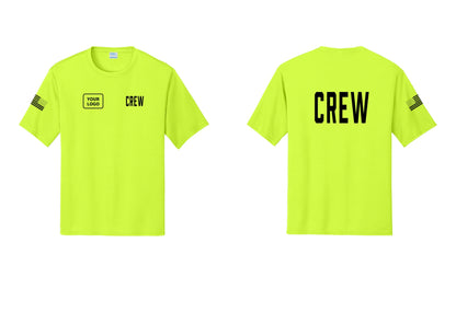 NYC Factory Custom Work Crew Uniform Performance Tee with Your Logo (Classic) - CREW + Your Logo + Back + US Flag Sleeve - Neon Yellow