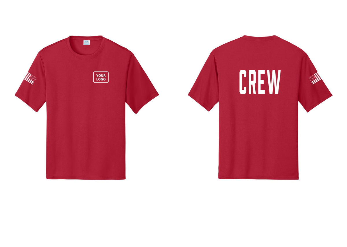 NYC Factory Custom Work Crew Uniform Performance Tee with Your Logo (Classic) - Your Logo + Back + US Flag Sleeve - Red