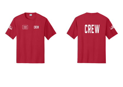 NYC Factory Custom Work Crew Uniform Performance Tee with Your Logo (Classic) - CREW + Your Logo + Back + US Flag Sleeve - Red
