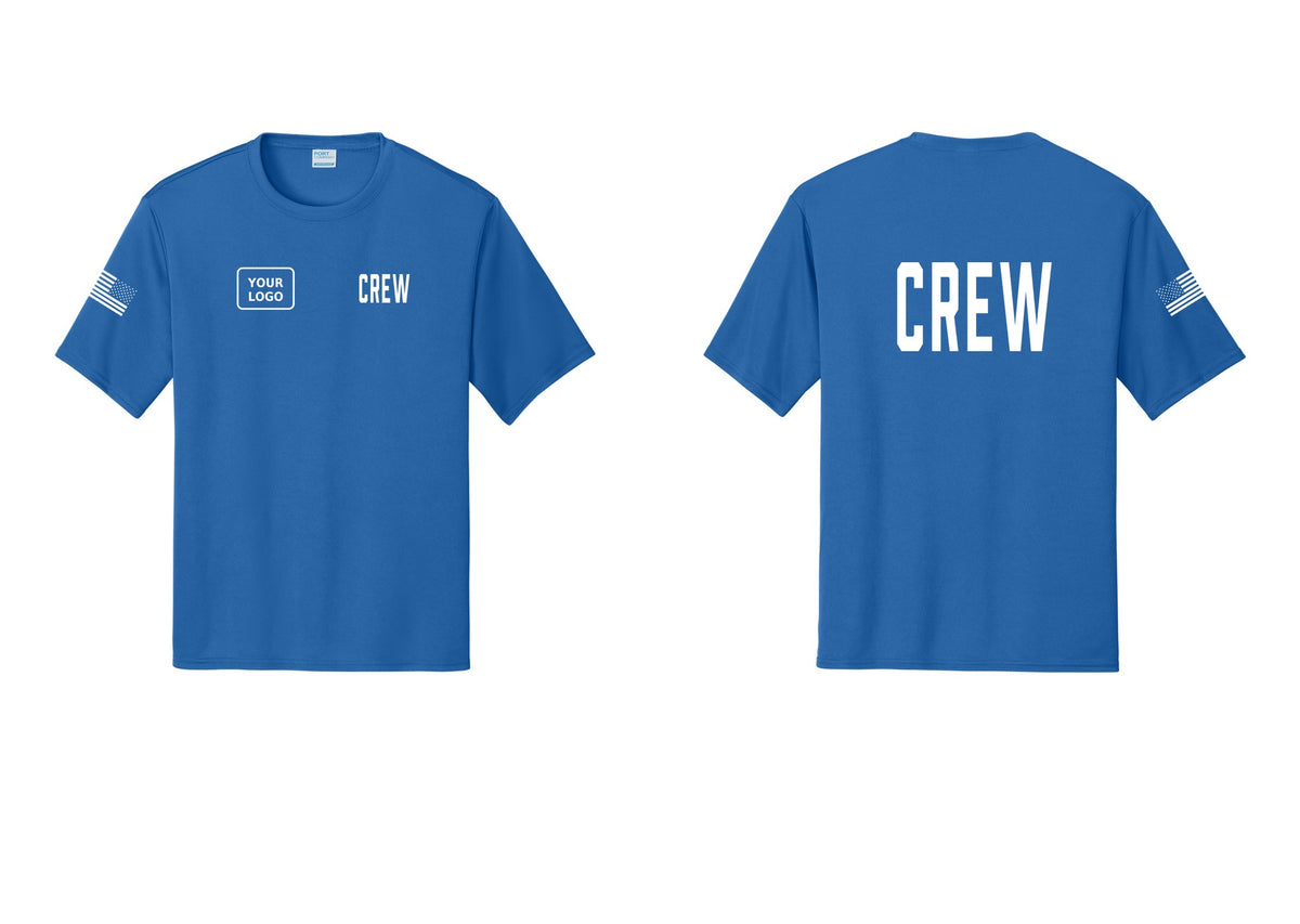 NYC Factory Custom Work Crew Uniform Performance Tee with Your Logo (Classic) - CREW + Your Logo + Back + US Flag Sleeve - Royal