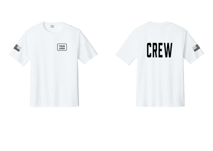 NYC Factory Custom Work Crew Uniform Performance Tee with Your Logo (Classic) - Your Logo + Back + US Flag Sleeve - White
