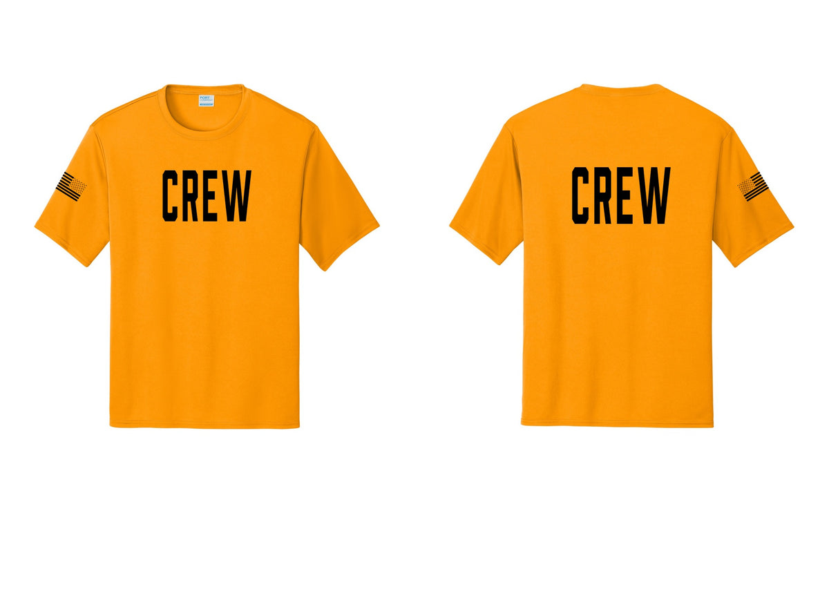 NYC Factory Crew Performance T-Shirt for Event Staff & Production Teams (Classic) - Front + Back + US Flag Sleeve - Gold