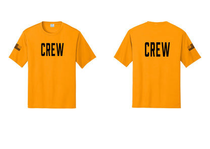 NYC Factory Crew Performance T-Shirt for Event Staff & Production Teams (Classic) - Front + Back + US Flag Sleeve - Gold