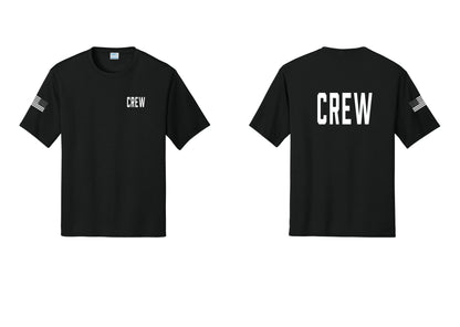 NYC Factory Crew Performance T-Shirt for Event Staff & Production Teams (Classic) - Chest + Back + US Flag Sleeve - Black