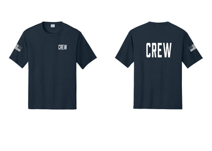 NYC Factory Crew Performance T-Shirt for Event Staff & Production Teams (Classic) - Chest + Back + US Flag Sleeve - Navy