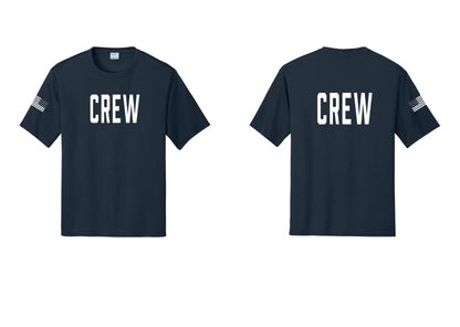 NYC Factory Crew Performance T-Shirt for Event Staff & Production Teams (Classic) - Front + Back + US Flag Sleeve - Navy