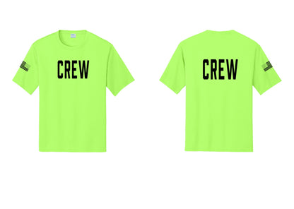 NYC Factory Crew Performance T-Shirt for Event Staff & Production Teams (Classic) - Front + Back + US Flag Sleeve - Neon Green