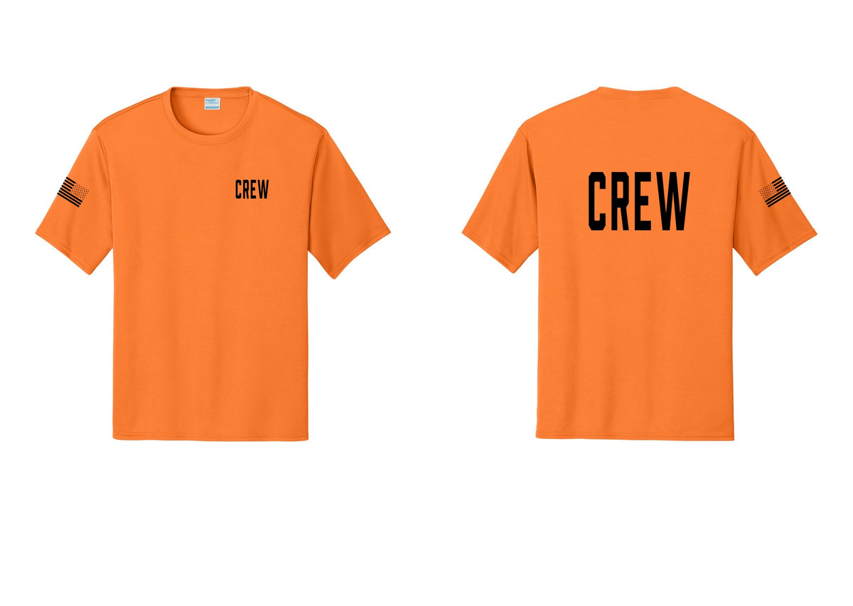 NYC Factory Crew Performance T-Shirt for Event Staff & Production Teams (Classic) - Chest + Back + US Flag Sleeve - Neon Orange