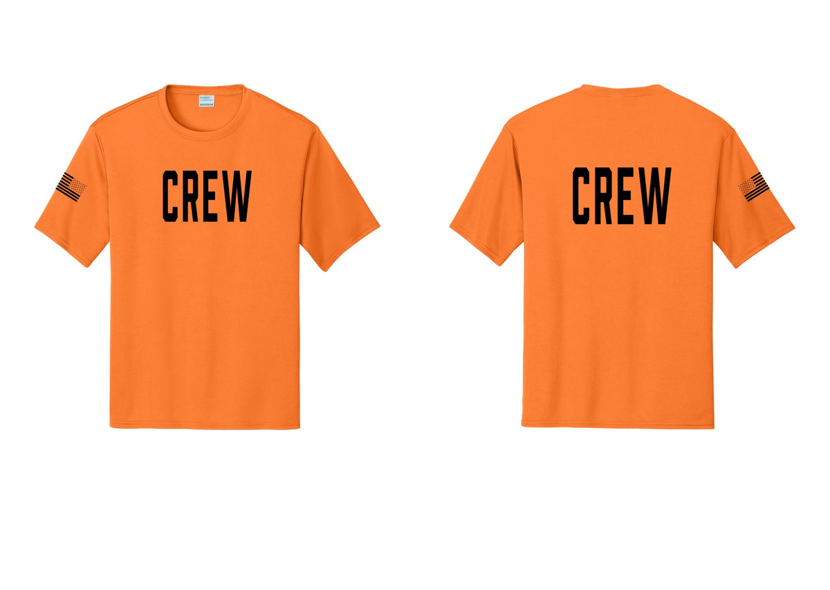 NYC Factory Crew Performance T-Shirt for Event Staff & Production Teams (Classic) - Front + Back + US Flag Sleeve - Neon Orange