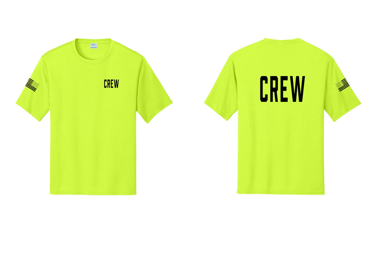 NYC Factory Crew Performance T-Shirt for Event Staff & Production Teams (Classic) - Chest + Back + US Flag Sleeve - Neon Yellow
