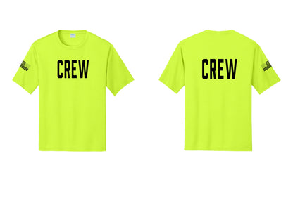 NYC Factory Crew Performance T-Shirt for Event Staff & Production Teams (Classic) - Front + Back + US Flag Sleeve - Neon Yellow