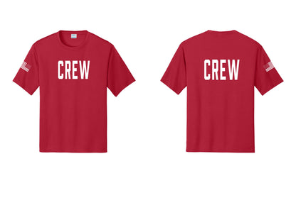 NYC Factory Crew Performance T-Shirt for Event Staff & Production Teams (Classic) - Front + Back + US Flag Sleeve - Red